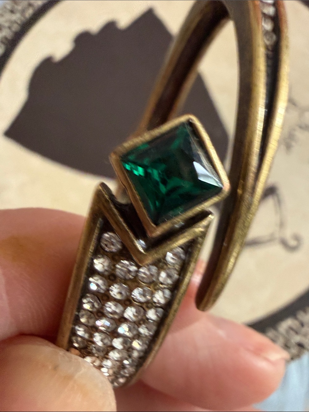 Vintage RG JM Gold Tone Bangle with Emerald Green Stone and many clear stones